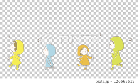 カッパを着て歩く子供たちのイラスト 126665615