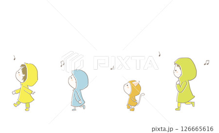 カッパを着て歩く子供たちのイラスト 126665616
