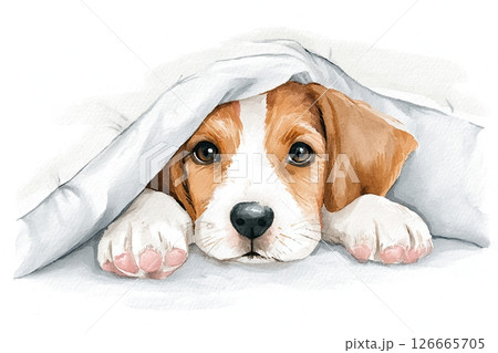 Adorable beagle puppy peeking out from under a soft blanket, showcasing its expressive eyes and playful demeanor, capturing the essence of comfort and companionship 126665705