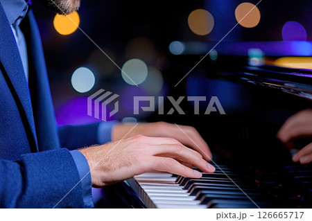 Elegant man creating soothing melodies on a grand piano in a softly lit room with muted purple and gray decor 126665717