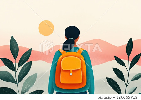 Vibrant hiker exploring mountain landscape at sunset with retro adventure aesthetic 126665719