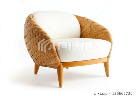 Modern eco-friendly chair crafted from woven straw and soft wool showcasing a perfect blend of rustic materials and contemporary design for stylish living spaces 126665720