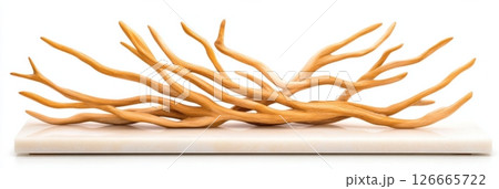 Driftwood art frame showcasing elegant product display on smooth marble base with soft gradient background 126665722