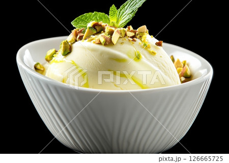 Creamy vanilla dessert topped with pistachio nuts and fresh mint, served in a decorative bowl on a black background 126665725