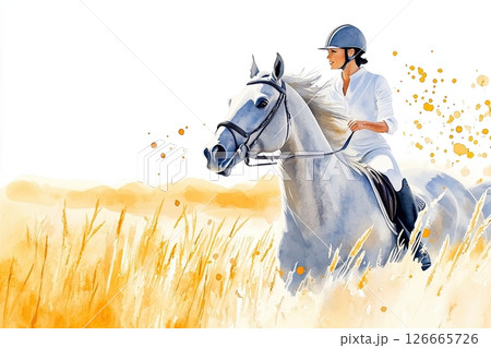 Rider on a dapple-gray horse enjoying a tranquil ride through a soft-focused landscape during a sunny day 126665726
