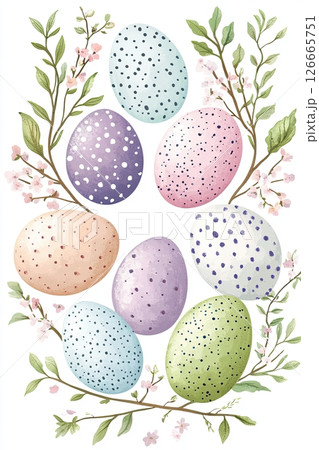 Colorful decorative eggs surrounded by blooming flowers showcasing a spring theme in a vibrant and artistic design 126665751