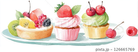 Colorful watercolor illustration of assorted cupcakes and tart on a plate, featuring fresh fruits and vibrant frosting, perfect for dessert-themed designs and culinary art 126665769