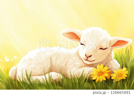 Cute lamb resting peacefully in a sunny field surrounded by blooming flowers capturing the essence of springtime serenity and tranquility 126665891