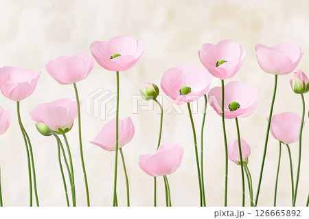 Close-up view of soft pink wildflowers with delicate petals and olive-green stems set against a blurred beige background in a serene natural setting 126665892