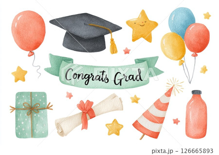 Colorful watercolor illustration featuring graduation elements like balloons, a cap, stars, a gift, and a banner celebrating academic achievement and success in a festive atmosphere 126665893