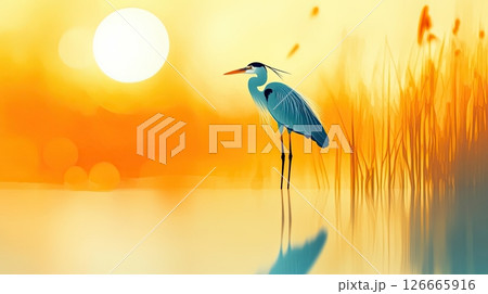 Heron wading in shallow teal waters with muted reeds under a terracotta sunset reflecting on the water 126665916