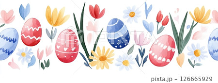 Celebrate spring with a colorful easter pattern featuring pastel eggs, hopping bunnies, and cheerful flowers in a minimalist design 126665929