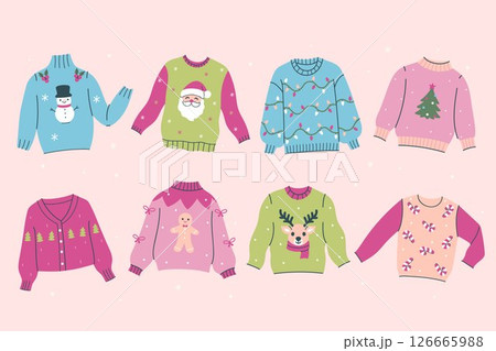 Set of Christmas ugly sweaters in pink, green and blue colors. Vector graphics. 126665988