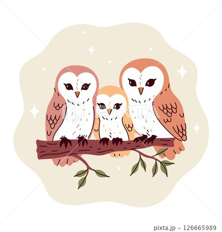 Cute family of three barn owls sitting on a branch. Vector graphics. 126665989