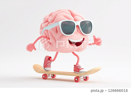 Cartoon brain character wearing sunglasses is skateboarding on a wooden board, showcasing a fun and playful attitude in a vibrant and cheerful environment 126666018