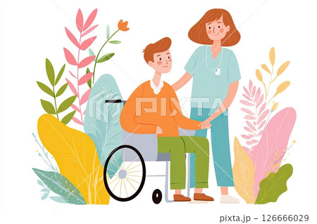Nurse assisting young man in wheelchair, surrounded by colorful plants and flowers, showcasing compassion and care in a vibrant, supportive environment with copy space 126666029