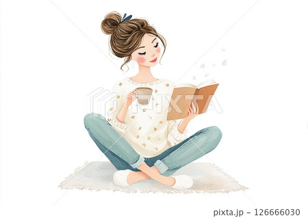 Young woman with brown hair, sitting cross-legged on a soft rug, reading a book while enjoying a warm beverage, surrounded by a cozy atmosphere and gentle floating leaves 126666030