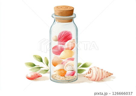 Glass bottle filled with colorful seashells and sand, surrounded by green leaves, creating a serene coastal decor piece that evokes beach memories and tranquility 126666037