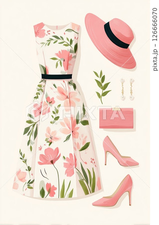 Kentucky Derby outfit with floral dress, pink hat, shoes and purse 126666070