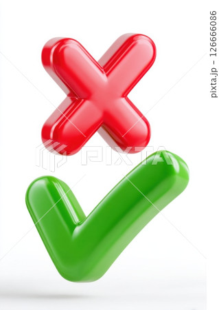 Red cross mark and green check mark icons floating above a clean white background, symbolizing approval and disapproval in a visually striking manner 126666086
