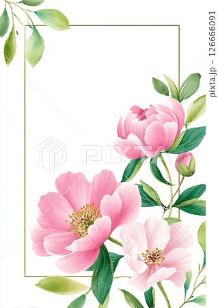Beautiful watercolor illustration featuring pink peonies and green leaves, elegantly framed with a blank space for text, perfect for invitations or greeting cards Beautiful watercolor illustration featuring pink peonies and green leaves, elegantly framed with a blank space for text, perfect for invitations or greeting cards 126666091