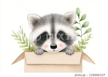 Cute raccoon peeking out from a cardboard box surrounded by green leaves, showcasing a playful and whimsical illustration style that captures the charm of wildlife 126666107