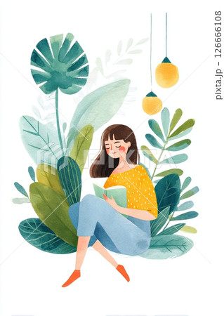 Young woman with brown hair, wearing a yellow top, is sitting among lush green plants, reading a book in a cozy, inviting atmosphere, surrounded by soft lighting and nature elements 126666108