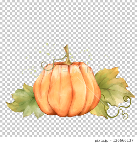 Hand-drawn Orange Pumpkin illustration with Autumn Leaves in Warm Tones 126666137