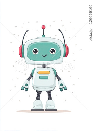Cute smiling robot standing with antennas and headphones on white background 126666160