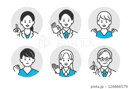 ポジティブな医者･看護師･医療事務の男女顔アイコンセット【人物ベクターイラスト素材】 126666579