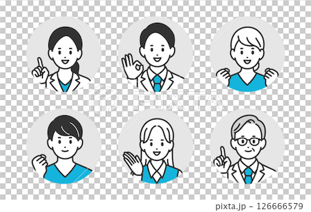 ポジティブな医者･看護師･医療事務の男女顔アイコンセット【人物ベクターイラスト素材】 126666579