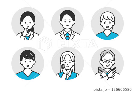 ネガティブな医者･看護師･医療事務の男女顔アイコンセット【人物ベクターイラスト素材】 126666580