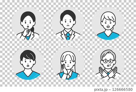 ネガティブな医者･看護師･医療事務の男女顔アイコンセット【人物ベクターイラスト素材】 126666580