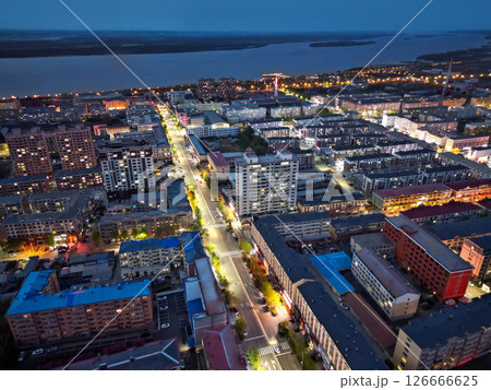 FUYUAN, CHINA - MAY 14, 2025-Aerial cityscape of downtown of Fuyuan city is the most eastern point of China, border crossing between China and Russia. 126666625