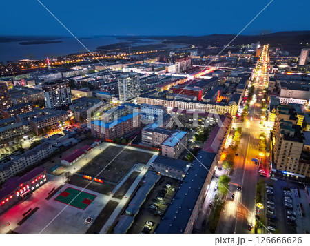 FUYUAN, CHINA - MAY 14, 2025-Aerial cityscape of downtown of Fuyuan city is the most eastern point of China, border crossing between China and Russia. 126666626