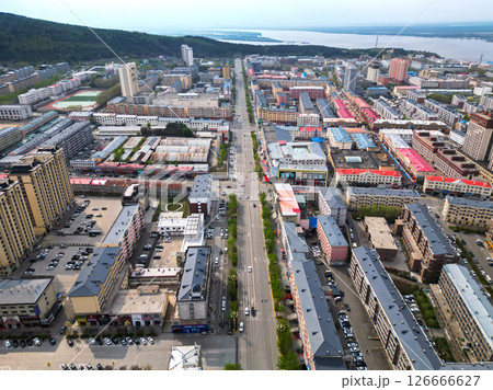 FUYUAN, CHINA - MAY 14, 2025-Aerial cityscape of downtown of Fuyuan city is the most eastern point of China, border crossing between China and Russia. 126666627