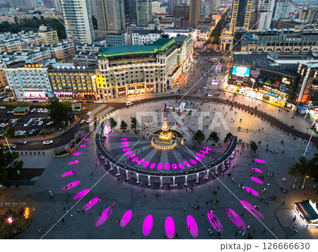 Harbin, CHINA-MAY 15, 2025-Aerial view of Harbin People's Flood Control Victory Memorial Tower in the downtown of Harbin city. Harbin, CHINA-MAY 15, 2025-Aerial view of Harbin People's Flood Control Victory Memorial Tower in the downtown of Harbin city. 126666630