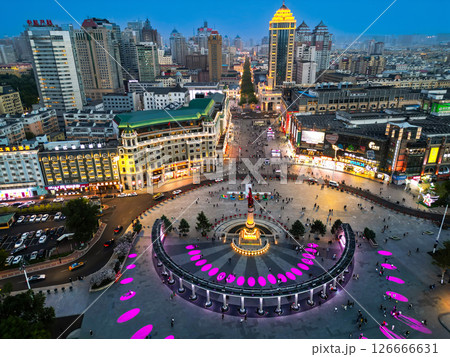 Harbin, CHINA-MAY 15, 2025-Aerial view of Harbin People's Flood Control Victory Memorial Tower in the downtown of Harbin city. 126666631