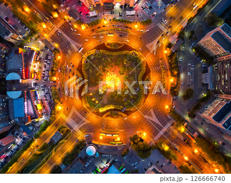 CHANGCHUN, CHINA - MAY 12, 2025-Aerial view of traffic circle in the downtown of Changchun city, Jilin province, China 126666740