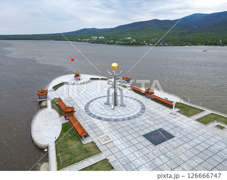 FUYUAN, CHINA - MAY 13 2025- Aerial view of Eastern Square. The monument of Fuyuan city is the most eastern point of China, border crossing between China and Russia. 126666747