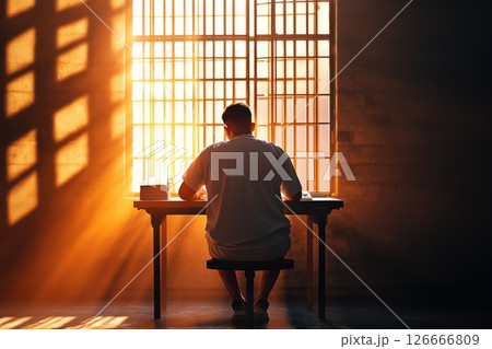 Male inmate engaged in writing at prison desk illuminated by sunlight through barred window 126666809