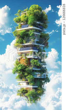 Futuristic skyscraper blending technology and nature under bright sunlight 126666816