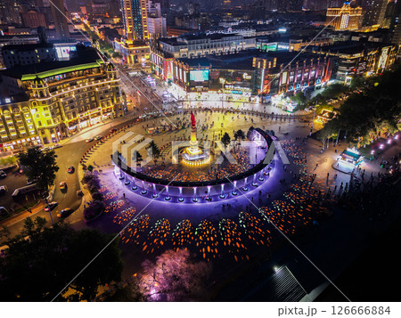 Harbin, CHINA-MAY 15, 2025-Aerial view of Harbin People's Flood Control Victory Memorial Tower in the downtown of Harbin city. 126666884