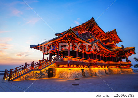 FUYUAN, CHINA - MAY 12, 2025-Aerial view of Donggeji pavilion of Fuyuan city is the most eastern point of China, border crossing between China and Russia. FUYUAN, CHINA - MAY 12, 2025-Aerial view of Donggeji pavilion of Fuyuan city is the most eastern point of China, border crossing between China and Russia. 126666885
