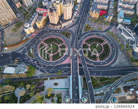 Harbin, CHINA-MAY 05, 2025-Aerial cityscape of Harbin's downtown, is the capital of Heilongjiang, China. It is the largest city of Heilongjiang 126666924