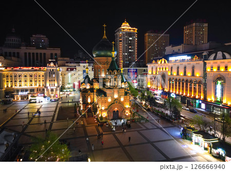 Harbin, CHINA-MAY 02, 2025-Aerial view of Saint Sophia Cathedral in downtown of Harbin, The renowned landmark of Harbin, HeiLongJiang, China. 126666940