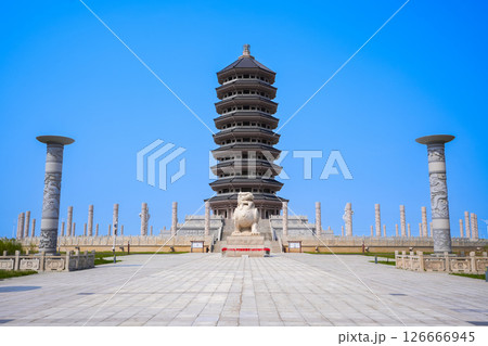 FUYUAN, CHINA - MAY 13 2025-Dongji Pagoda, a nine-story octagonal tower, is a landmark in Fuyuan, Jiamusi, Heilongjiang province. 126666945