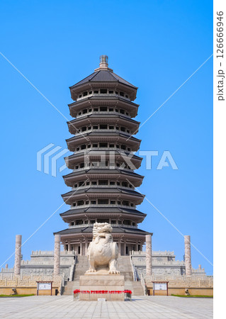 FUYUAN, CHINA - MAY 13 2025-Dongji Pagoda, a nine-story octagonal tower, is a landmark in Fuyuan, Jiamusi, Heilongjiang province. 126666946