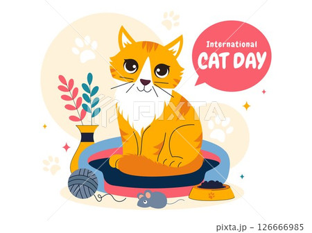 International Cat Day Vector Illustration on August 8, Featuring a Celebration of Cats, Animal Love, and Companionship in a Flat Cartoon Background 126666985