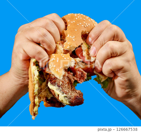 broken burger in human hands 126667538